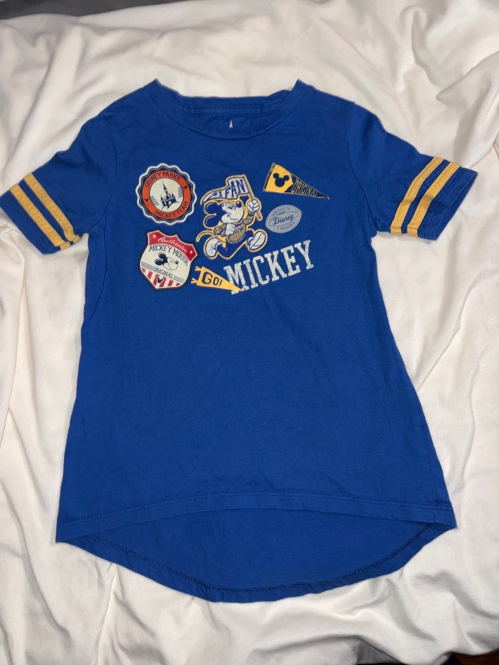 Disney Parks Royal Blue Mickey Graphic Tee with Yellow Sleeve Stripes